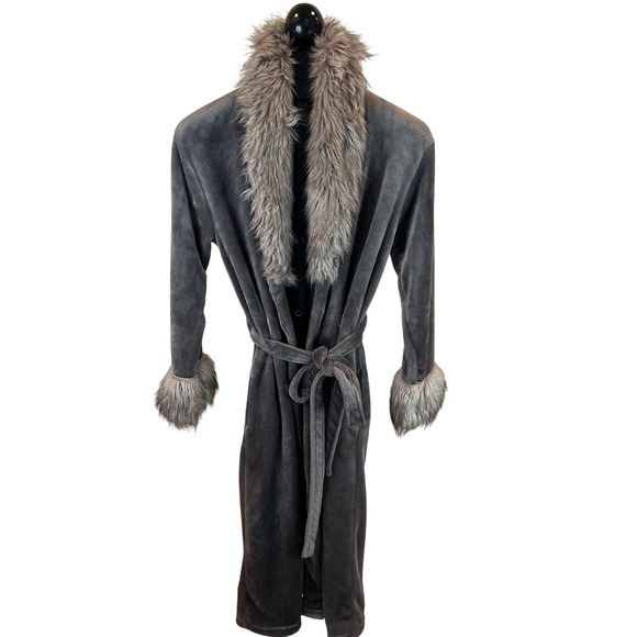 Adrienne Landau Other - Adrienne Landau Grey Plush Fleece Robe Faux Fur Trim Collar Cuffs M/L RN118620